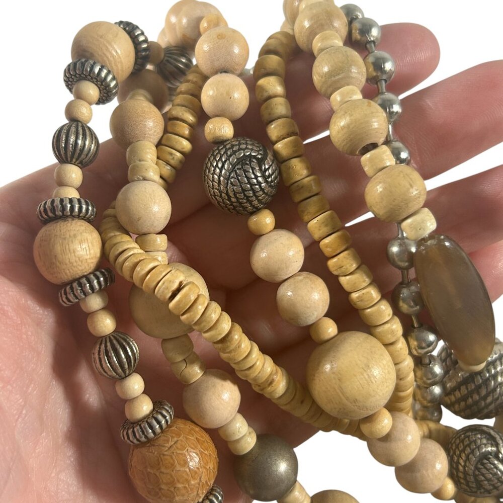 Multi Strand Beaded Necklace Wood Metal Brown Silver Tone Tribal Boho Earth Tone - Picture 4 of 9